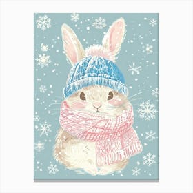 Adorable Bunny in a Winter Hat and Scarf | Pastel Pink And Blue Colors Canvas Print