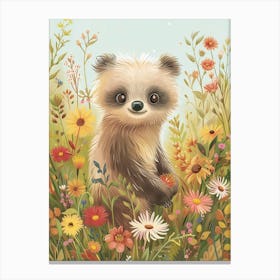 Sloth Bear Cub In A Field Of Flowers Storybook Illustration 2 Canvas Print