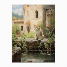 A Cat In Front Of The River At A Monestary Canvas Print