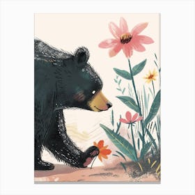 American Black Bear Sniffing A Flower Storybook Illustration 3 Canvas Print