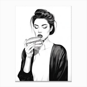 Woman Eating A Burger, lineart Canvas Print