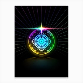 Neon Geometric Glyph in Candy Blue and Pink with Rainbow Sparkle on Black n.0449 Canvas Print