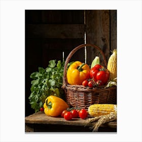 Assorted Vegetables And Fruits From A Fresh Farm Harvest Arranged In A Rustic Wicker Basket Overfl (1) Canvas Print