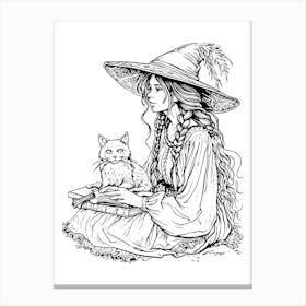Witch With a Cat Drawing Canvas Print