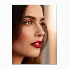 Close Up Of Full Profile Brown Eyes Gazing Directly At Viewer Red Lips Slightly Parted Set Agains Canvas Print