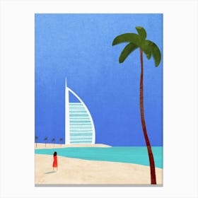 Dubai Vintage Travel Poster, Burj Al Arab Minimalist Beach Canvas Print