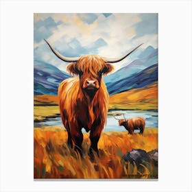 Orange Brushstrokes Of Highland Cows Canvas Print