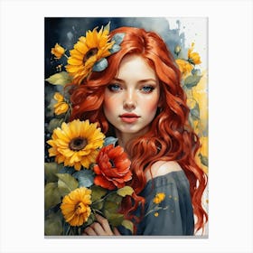 Red Haired Girl With Sunflowers Canvas Print