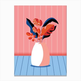 Vase With Decorative Florals On Light Pink And Blue Background Canvas Print