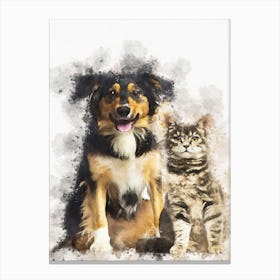 Cat And Dog Sitting Together Canvas Print