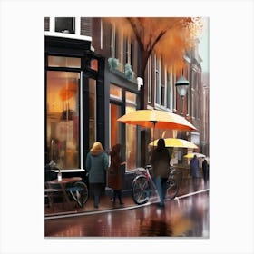 Amsterdam cafes, autumn season, rain, autumn oil colours.Faded colours,People passing on the street, winter clothes, rain umbrellas.1 3 Canvas Print