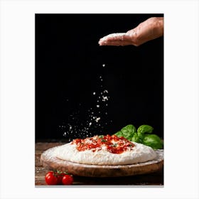 A Hand Stretching A Glistening Ball Of Pizza Dough Mid Action Flour Dusting In The Air From A Woode (1) Canvas Print