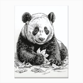 Giant Panda Cub Playing With A Fallen Leaf Ink Illustration 1 Canvas Print
