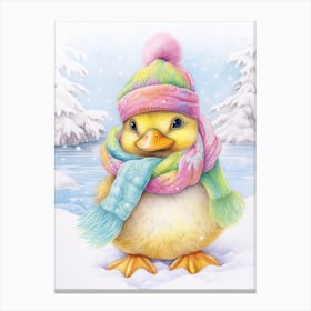 Winter Duckling In A Scarf Pencil Illustration 3 Canvas Print