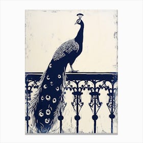 Peacock On Fancy Railing Linocut Inspired 1 Canvas Print