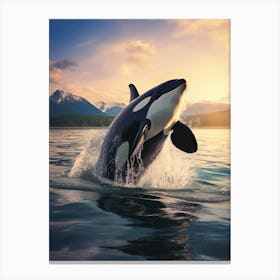 Realistic Orca Whale Diving Out Of Water At Dusk Canvas Print