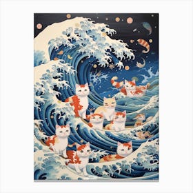 The Great Wave Off Kanagawa White Tan Cats Kitsch Canvas Print