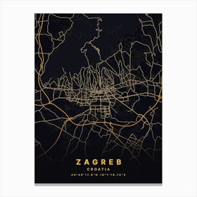 Zagreb Croatia Black And Gold Map Canvas Print