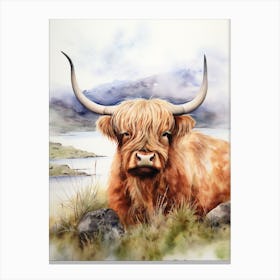 Highland Cow By The Lake Watercolour Canvas Print