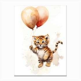 Baby Tiger Flying With Ballons, Watercolour Nursery Art 1 Canvas Print