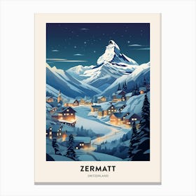 Winter Night  Travel Poster Zermatt Switzerland 1 Canvas Print