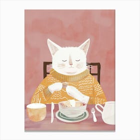 White And Tan Cat Having Breakfast Folk Illustration 1 Canvas Print