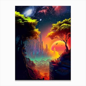 Synthwave cyberpunk city in a forest — surreal space collage art, cosmic futuristic sci-fi collage Canvas Print
