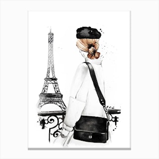 Paris Is Fashion And Eiffel Tower Black & White Canvas Print