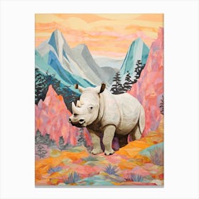 Colourful Patchwork Rhino With Mountain In The Background 2 Canvas Print