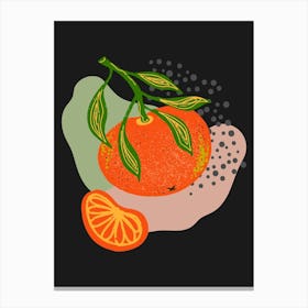 Poster with texture tangerine on a branch with leaves and abstract color spots Canvas Print