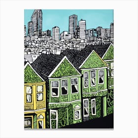 Painted Ladies San Francisco Linocut Illustration Style 4 Canvas Print