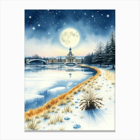 Winter Night By The Lake Canvas Print