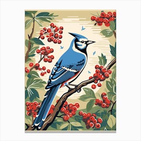 Vintage Bird Linocut Blue Jay 7 Canvas Print