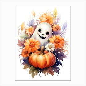 Cute Ghost With Pumpkins Halloween Watercolour 66 Canvas Print