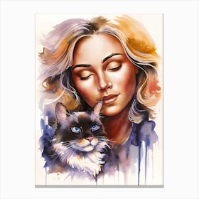 Watercolor Of A Woman With A Cat Canvas Print