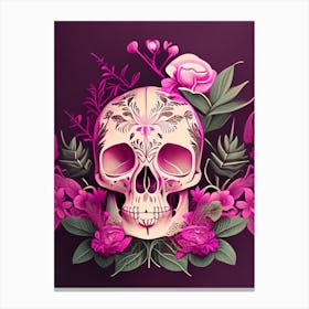 Skull With Mandala Patterns 2 Pink Botanical Canvas Print