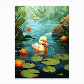 Cartoon Duckling Swimming With Water Lilies 1 Canvas Print