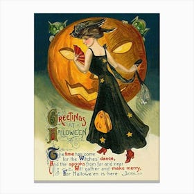 Young Woman With Halloween Poem And Jack O Lantern Behind Her Canvas Print