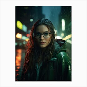 Woman With Glasses Caught In A Dramatic Dolly Zoom Effect During A Rain Soaked New York Night Focus Canvas Print