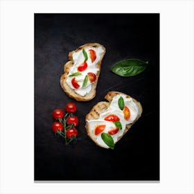Bread with cheese & tomato — Food kitchen poster/blackboard, photo art Canvas Print