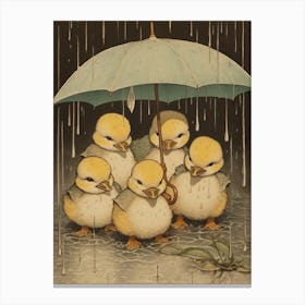 Ducklings In The Rain Japanese Woodblock Style 4 Canvas Print
