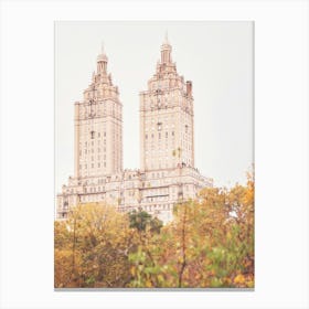 New York, USA I San Remo towers in Central Park in an autumnal nature of an urban cityscape photography with an aesthetic style like a romantic movie or TV series set decor, ideal for Christmas decoration Canvas Print