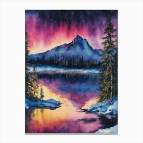 The Northern Lights - Aurora Borealis Rainbow Winter Snow Scene of Lapland Iceland Finland Norway Sweden Forest Lake Watercolor Beautiful Celestial Artwork for Home Gallery Wall Magical Etheral Dreamy Traditional Christmas Greeting Card Painting of Heavenly Fairylights 4 Canvas Print