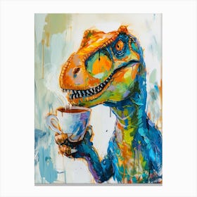 Dinosaur Drinking Coffee Blue Orange Brushstroke 3 Canvas Print