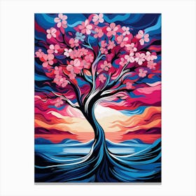 Sakura Tree at Sunset, Abstract Vibrant Painting in Van Gogh Style Canvas Print