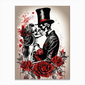 Floral Abstract Kissing Skeleton Lovers Ink Painting (1) Canvas Print