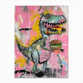 Dinosaur Eating A Hamburger Pink Blue Graffiti Style 1 Canvas Print