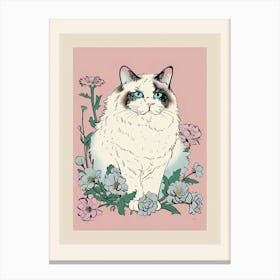 Cute Ragdoll Cat With Flowers Illustration 2 Canvas Print