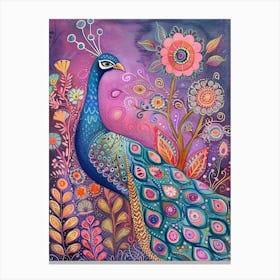 Folky Floral Peacock With The Plants 4 Canvas Print