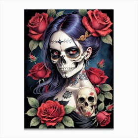Sugar Skull Girl With Roses Painting (6) Canvas Print